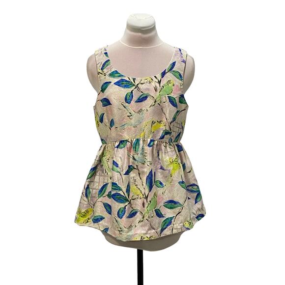 ANTHROPOLOGIE LEIFSDOTTIR Pretty Brocade Sparkle Parakeet Bird Peplum Top Size 8 - Picture 1 of 5